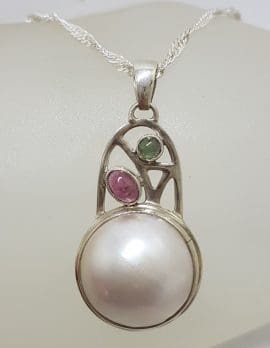 Sterling Silver Round Mabe Pearl with Pink and Green Tourmaline Ornate Arch Shape Pendant on Silver Chain
