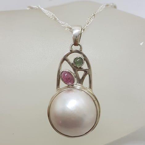 Sterling Silver Round Mabe Pearl with Pink and Green Tourmaline Ornate Arch Shape Pendant on Silver Chain
