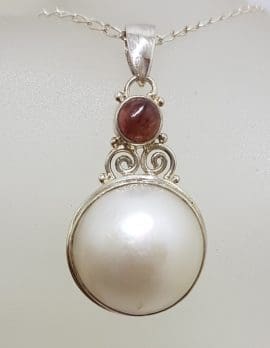Sterling Silver Round Mabe Pearl with Pink Tourmaline Ornate Pendant on Silver Chain