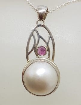 Sterling Silver Round Mabe Pearl & Tourmaline Ornate Arch Shape Pendant on Silver Chain