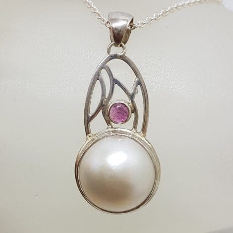 Sterling Silver Round Mabe Pearl & Tourmaline Ornate Arch Shape Pendant on Silver Chain