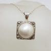 Sterling Silver Round Mabe Pearl Ornate Filigree Square Pendant on Silver Chain