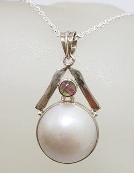 Sterling Silver Round Mabe Pearl with Tourmaline Pendant on Silver Chain