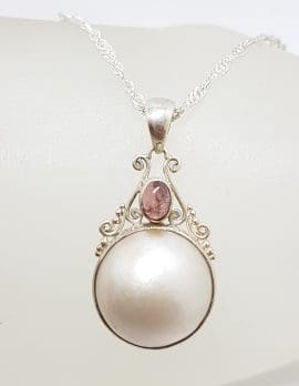 Sterling Silver Round Mabe Pearl with Tourmaline Ornate Pendant on Silver Chain