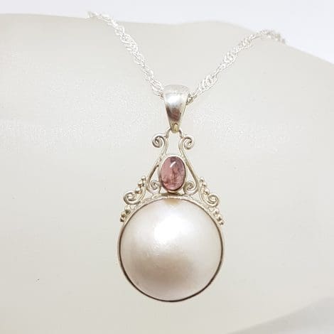 Sterling Silver Round Mabe Pearl with Tourmaline Ornate Pendant on Silver Chain