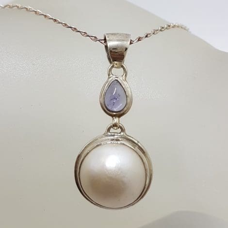 Sterling Silver Round Mabe Pearl with Iolite Drop Pendant on Silver Chain