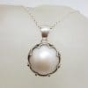Sterling Silver Round Mabe Pearl in Ornate Claw Setting Pendant on Silver Chain