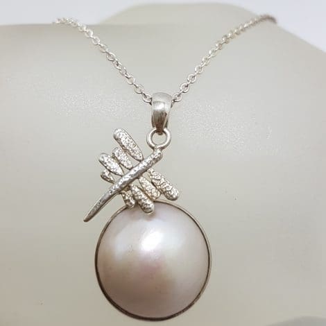Sterling Silver Round Mabe Pearl Dragonfly Pendant on Silver Chain