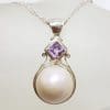 Sterling Silver Round Mabe Pearl with Square Amethyst Pendant on Silver Chain