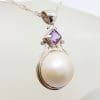 Sterling Silver Round Mabe Pearl with Square Amethyst Pendant on Silver Chain