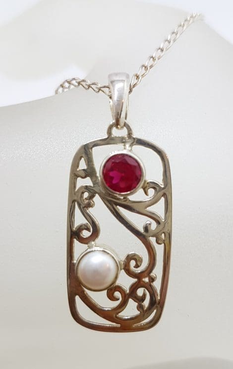 Sterling Silver Pearl with Red Cubic Zirconia Ornate Pendant on Silver Chain