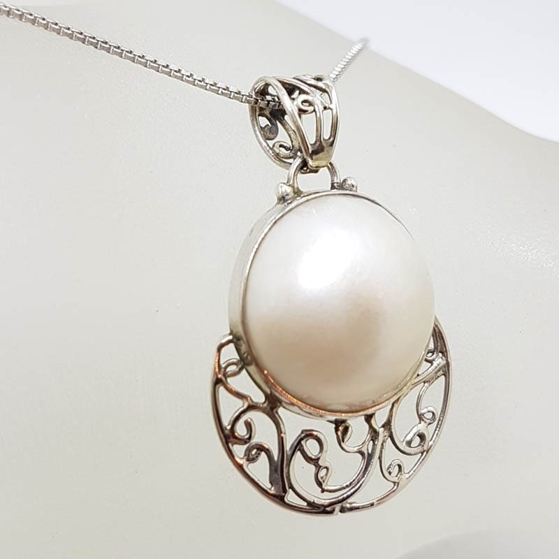 20201026_212632 Sterling Silver Round Mabe Pearl Ornate Filigree Pendant on Silver Chain