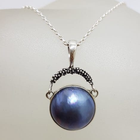 Sterling Silver Round Blue / Black Mabe Pearl Drop Pendant on Silver Chain