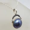 Sterling Silver Round Blue / Black Mabe Pearl Drop Pendant on Silver Chain