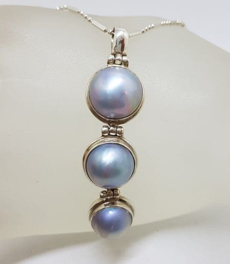 Sterling Silver Round Blue / Black Long Three Mabe Pearl Drop Pendant on Silver Chain
