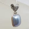 Sterling Silver Rectangular Blue / Grey Mabe Pearl Ornate Top Pendant on Silver Chain