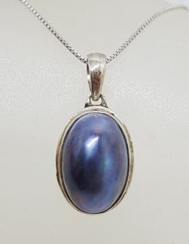 Sterling Silver Blue / Black Oval Mabe Pearl Pendant on Silver Chain