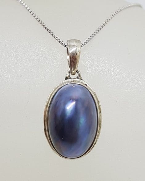 Sterling Silver Blue / Black Oval Mabe Pearl Pendant on Silver Chain