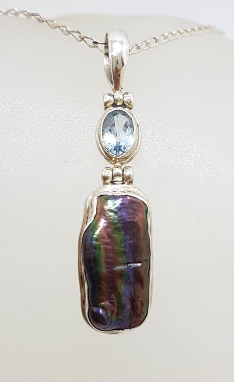 Sterling Silver Black / Blue Blister Pearl with Topaz Pendant on Silver Chain