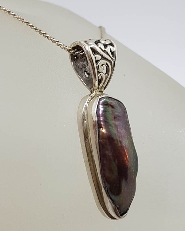 20201026_213753 Sterling Silver Black / Blue Blister Pearl Pendant on Silver Chain