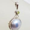 Sterling Silver Black / Blue Round Mabe Pearl with Peridot Pendant on Silver Chain