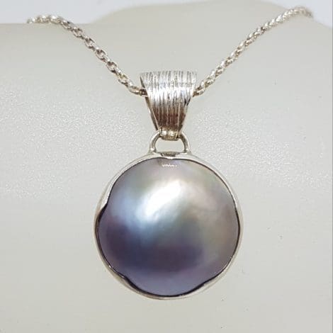 Sterling Silver Black / Blue Round Mabe Pearl Pendant on Silver Chain