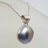 Sterling Silver Black / Blue Round Mabe Pearl Pendant on Silver Chain