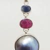 Sterling Silver Black / Blue Mabe Pearl Ruby and Sapphire Pendant on Silver Chain