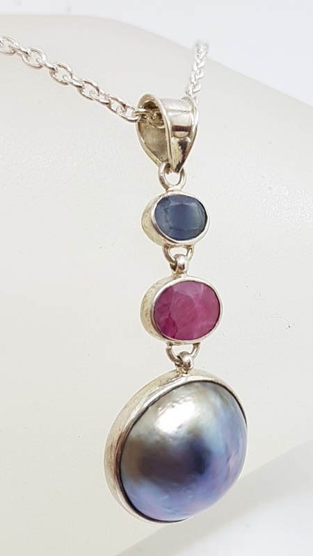 Sterling Silver Black / Blue Mabe Pearl Ruby and Sapphire Pendant on Silver Chain