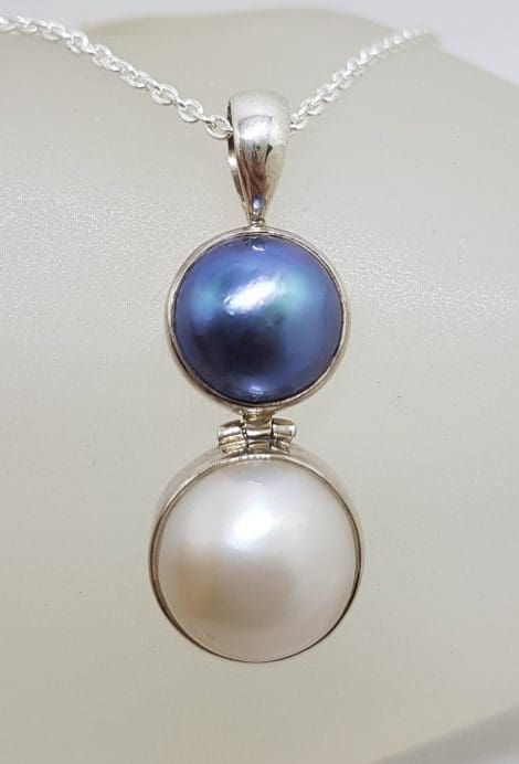 Sterling Silver Black / Blue & White Mabe Pearl Pendant on Silver Chain