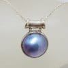 Sterling Silver Blue / Black Round Mabe Pearl with Barrel Top Pendant on Silver Chain