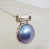 Sterling Silver Blue / Black Round Mabe Pearl with Barrel Top Pendant on Silver Chain