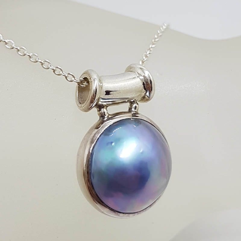 20201026_215318 Sterling Silver Blue / Black Round Mabe Pearl with Barrel Top Pendant on Silver Chain