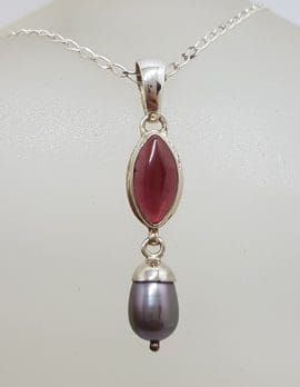 Sterling Silver Black / Blue Pearl with Garnet Pendant on Silver Chain
