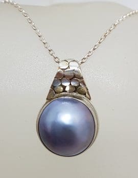 Sterling Silver Blue / Black Round Mabe Pearl with Pebble Design Pendant on Silver Chain