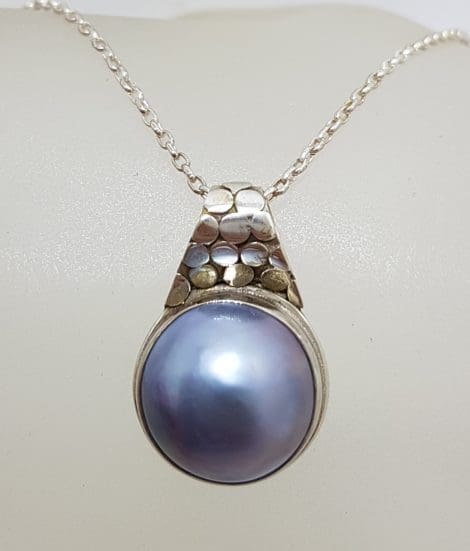 Sterling Silver Blue / Black Round Mabe Pearl with Pebble Design Pendant on Silver Chain