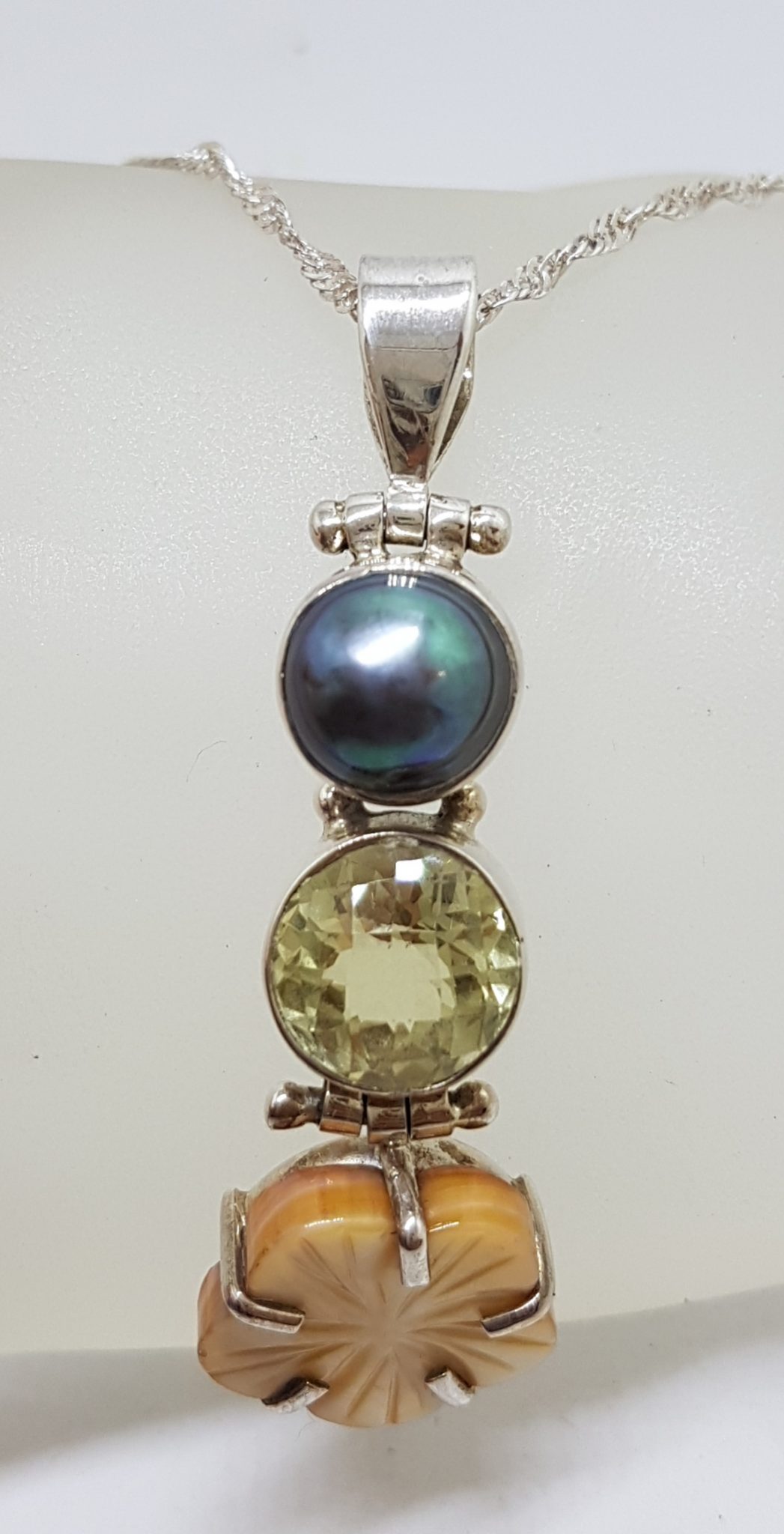 20201026_215634 Sterling Silver Black / Blue Pearl with Citrine and Carved Flower Pendant on Silver Chain