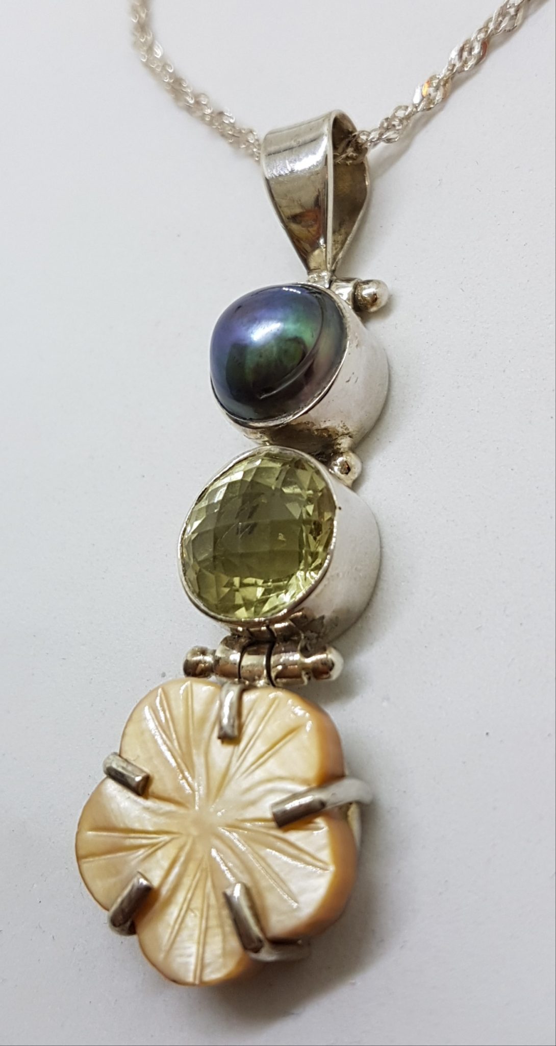 20201026_215707 Sterling Silver Black / Blue Pearl with Citrine and Carved Flower Pendant on Silver Chain