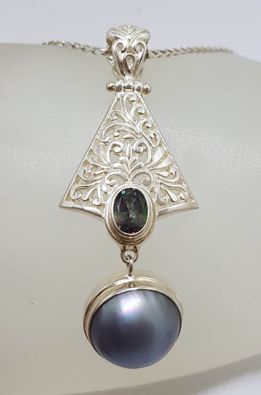 Sterling Silver Blue / Black Round Mabe Pearl with Mystic Quartz Ornate Filigree Long Drop Pendant on Silver Chain