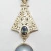 Sterling Silver Blue / Black Round Mabe Pearl with Mystic Quartz Ornate Filigree Long Drop Pendant on Silver Chain