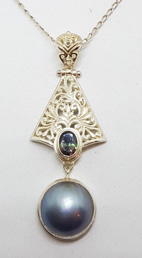 Sterling Silver Blue / Black Round Mabe Pearl with Mystic Quartz Ornate Filigree Long Drop Pendant on Silver Chain