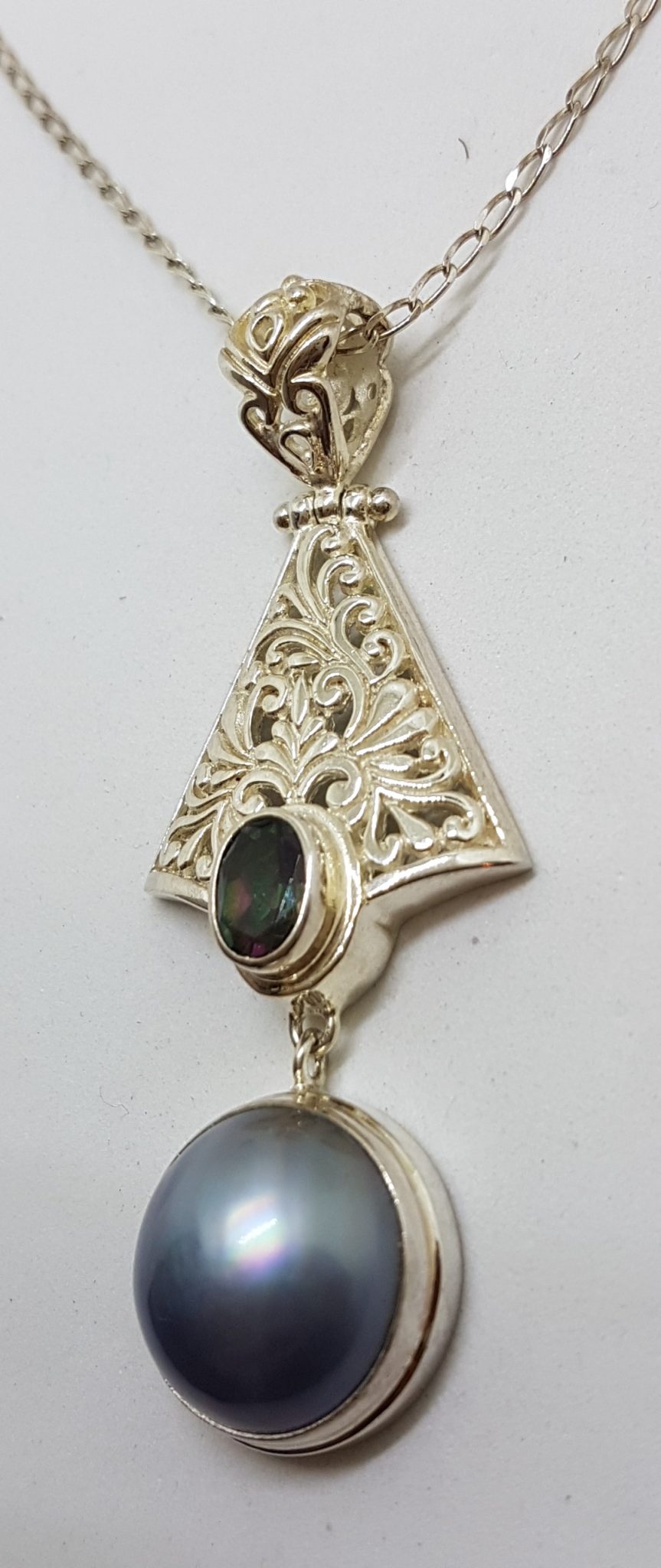 Sterling Silver Blue / Black Round Mabe Pearl with Mystic Quartz Ornate Filigree Long Drop Pendant on Silver Chain