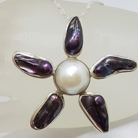 Sterling Silver Black / Blue Blister Pearl with White Mabe Pearl Large Flower Pendant on Silver Chain