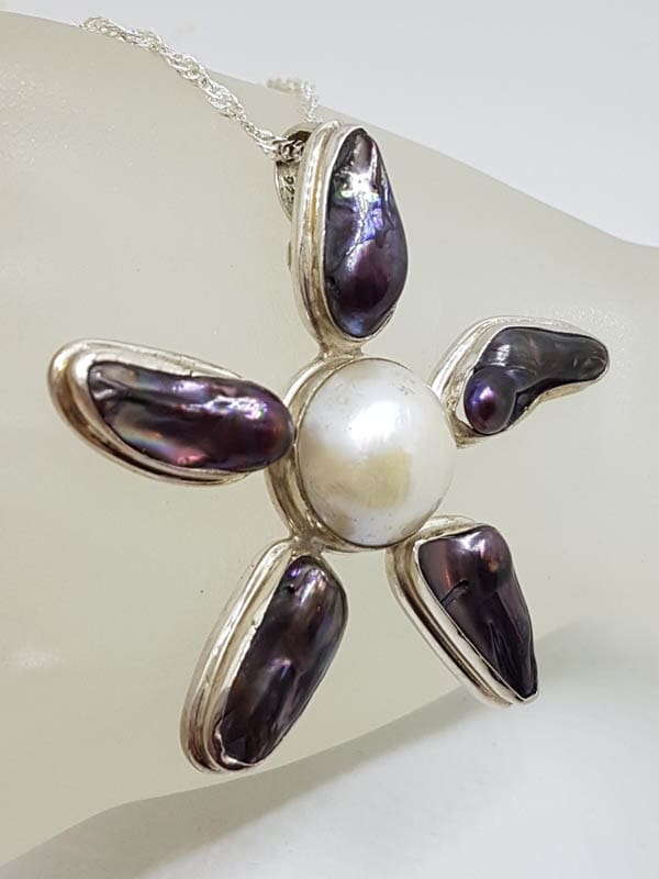 Sterling Silver Black / Blue Blister Pearl with White Mabe Pearl Large Flower Pendant on Silver Chain