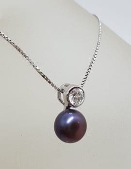 Sterling Silver Black / Blue Pearl with Cubic Zirconia Pendant on Silver Chain