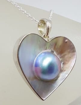 Sterling Silver Large Heart Shape Mabe Pearl Pendant on Silver Chain