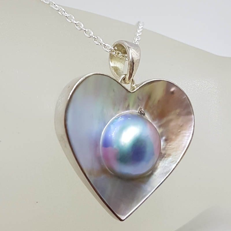 Sterling Silver Large Heart Shape Mabe Pearl Pendant on Silver Chain