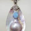Sterling Silver Large Mabe Pearl with Oval Opal Pendant on Silver Chain