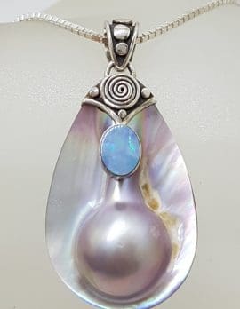 Sterling Silver Large Mabe Pearl with Oval Opal Pendant on Silver Chain