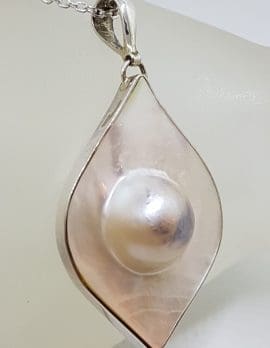 Sterling Silver Large Drop Shape Mabe Pearl Pendant on Silver Chain